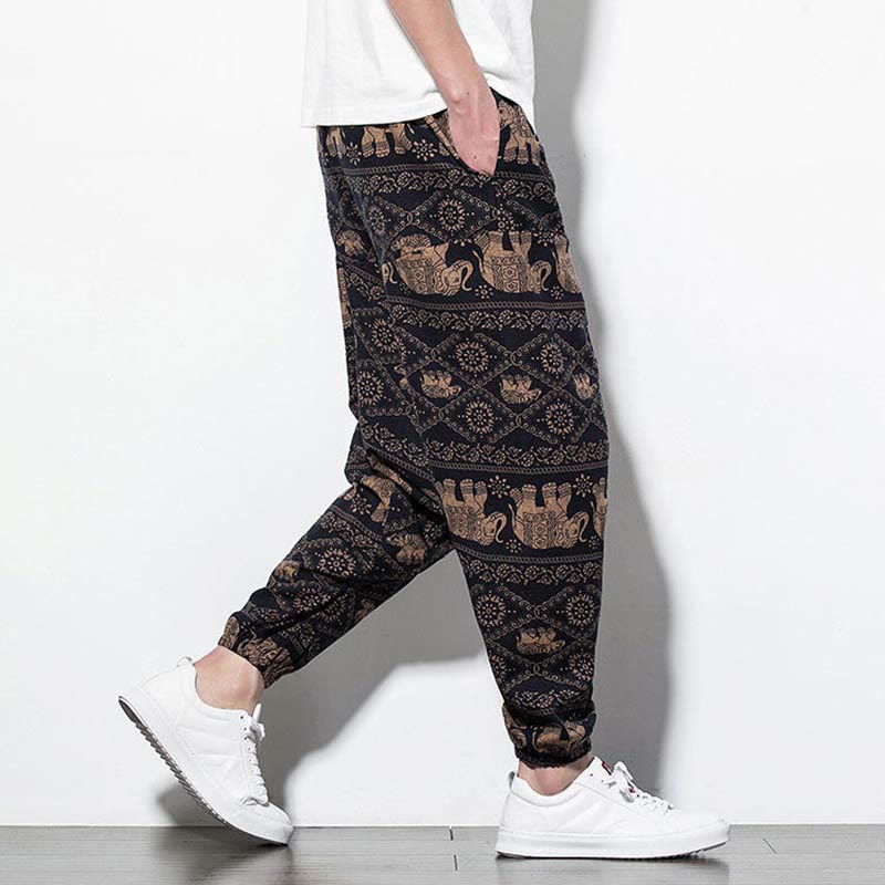 Buddha Stones Elephant Brown Black Print Cotton Men's Long Cropped Harem Pants With Pockets - image 5