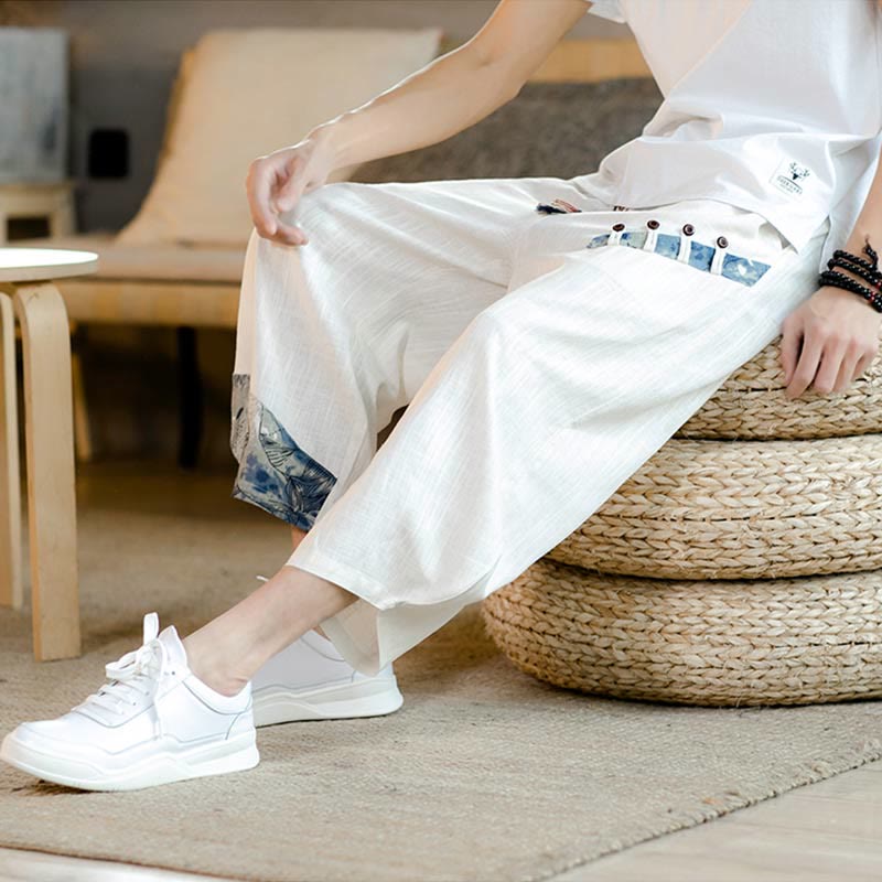 Buddha Stones Patchwork Design Drawstring Cotton Men's Cropped Pants With Pockets - image 5