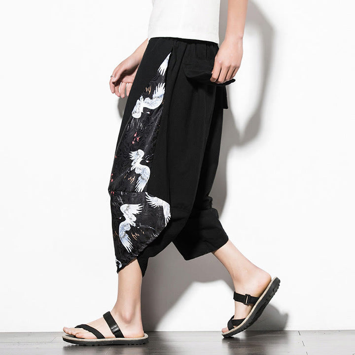 Buddha Stones White Crane Print Cotton Men's Cropped Harem Pants With Pockets - Black - US/UK/AU46，EU56 (5XL)  - image 1