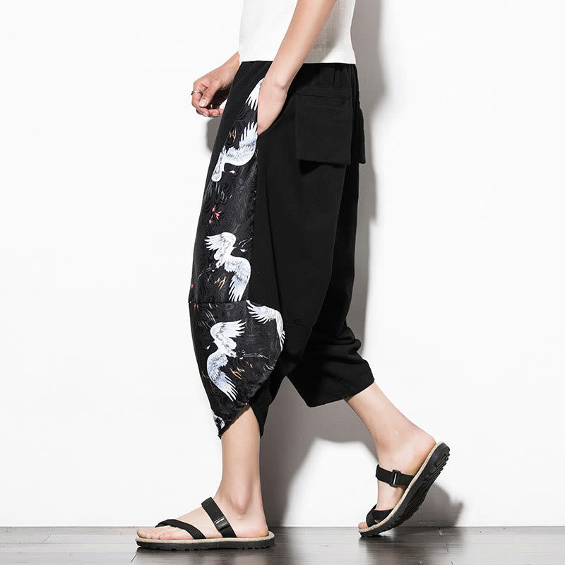 Buddha Stones White Crane Print Cotton Men's Cropped Harem Pants With Pockets - image 4