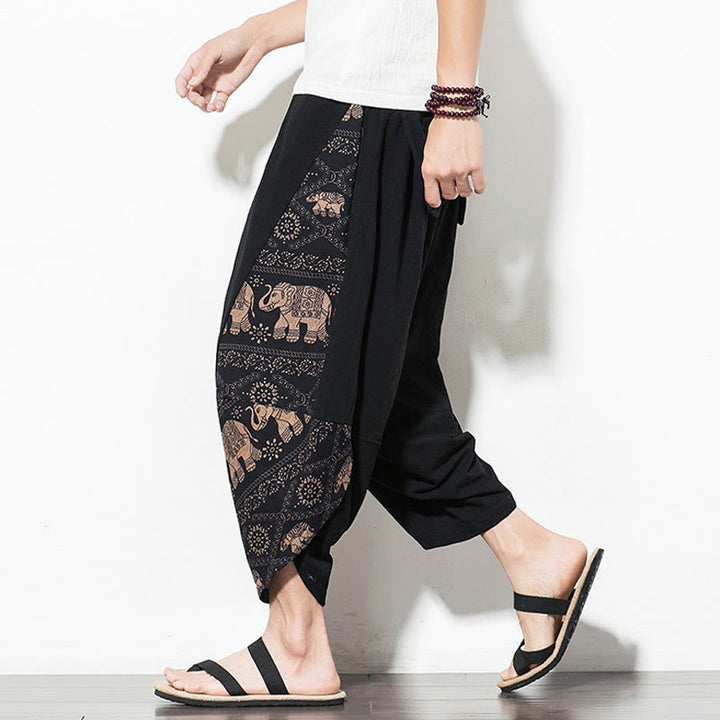 Buddha Stones Brown Elephant Print Cotton Men's Cropped Harem Pants With Pockets - image 5