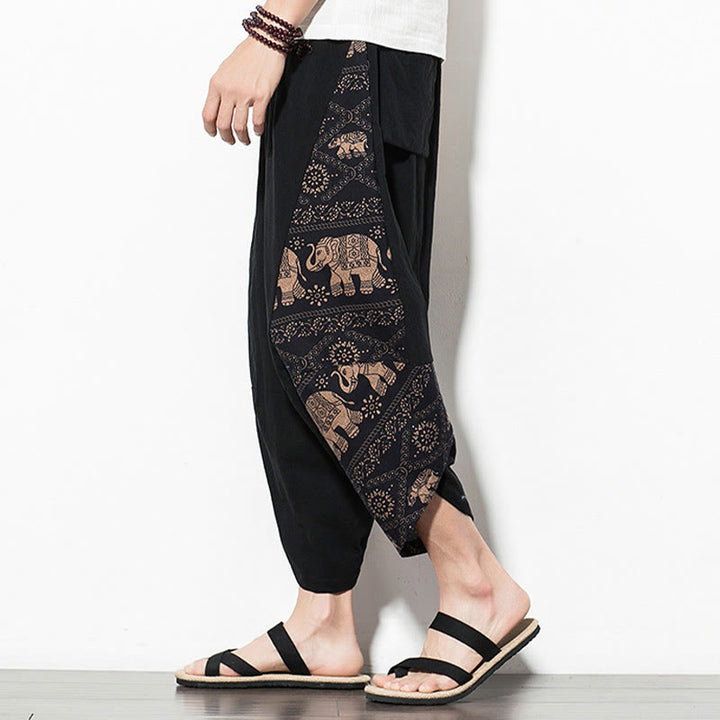Buddha Stones Brown Elephant Print Cotton Men's Cropped Harem Pants With Pockets - image 5