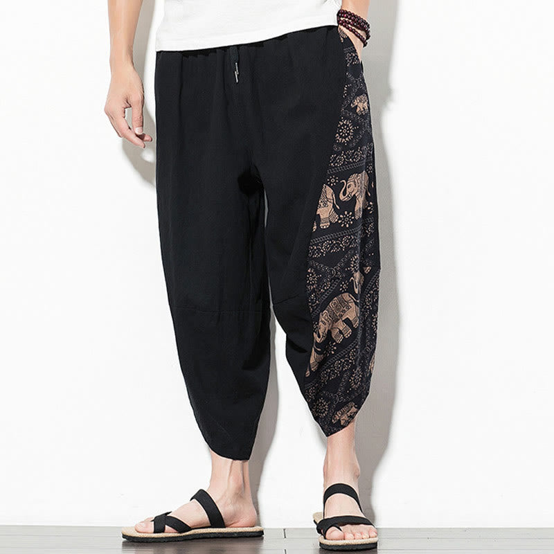 Buddha Stones Brown Elephant Print Cotton Men's Cropped Harem Pants With Pockets - image 2