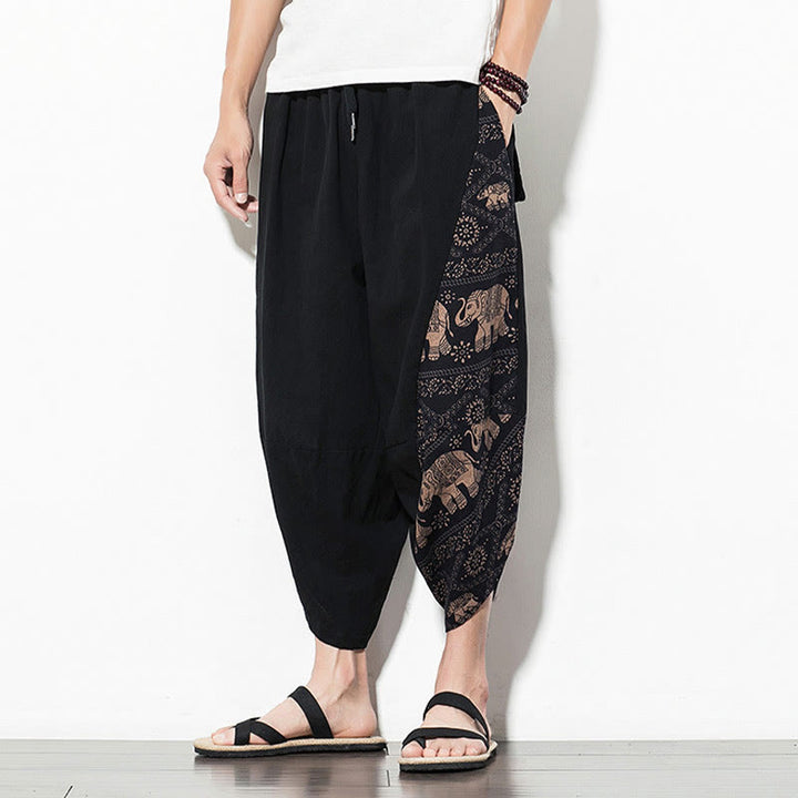 Buddha Stones Brown Elephant Print Cotton Men's Cropped Harem Pants With Pockets - image 7