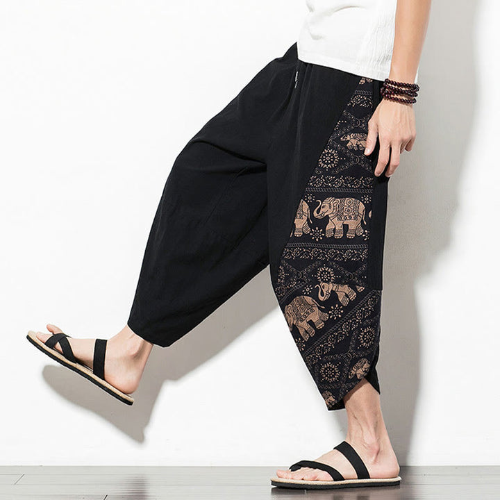 Buddha Stones Brown Elephant Print Cotton Men's Cropped Harem Pants With Pockets - image 8