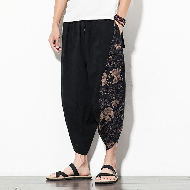 Buddha Stones Brown Elephant Print Cotton Men's Cropped Harem Pants With Pockets - image 6