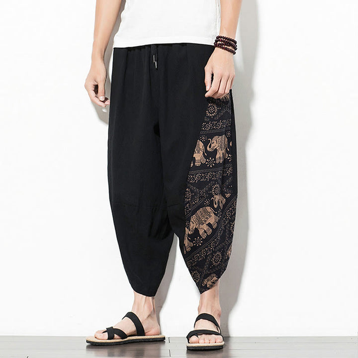 Buddha Stones Brown Elephant Print Cotton Men's Cropped Harem Pants With Pockets - image 4