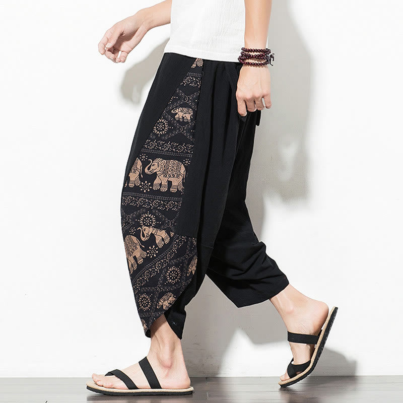 Buddha Stones Brown Elephant Print Cotton Men's Cropped Harem Pants With Pockets - image 6