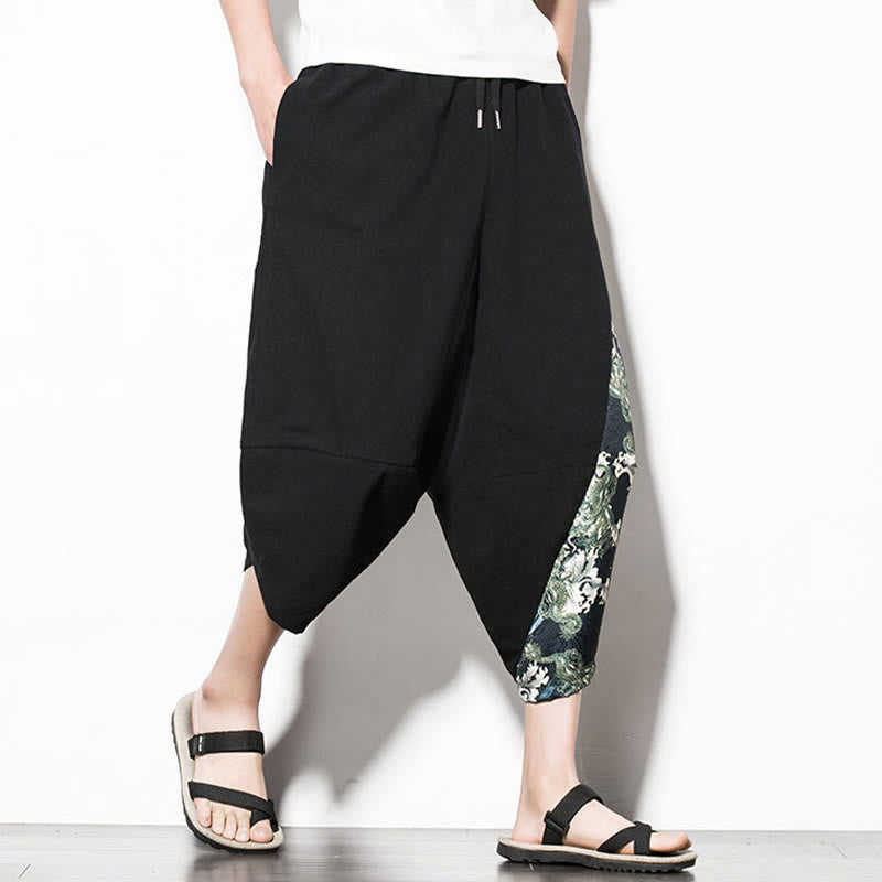 Buddha Stones Green Waves Print Cotton Men's Cropped Harem Pants With Pockets - image 4