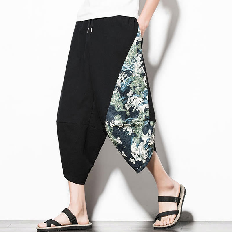 Buddha Stones Green Waves Print Cotton Men's Cropped Harem Pants With Pockets - image 5