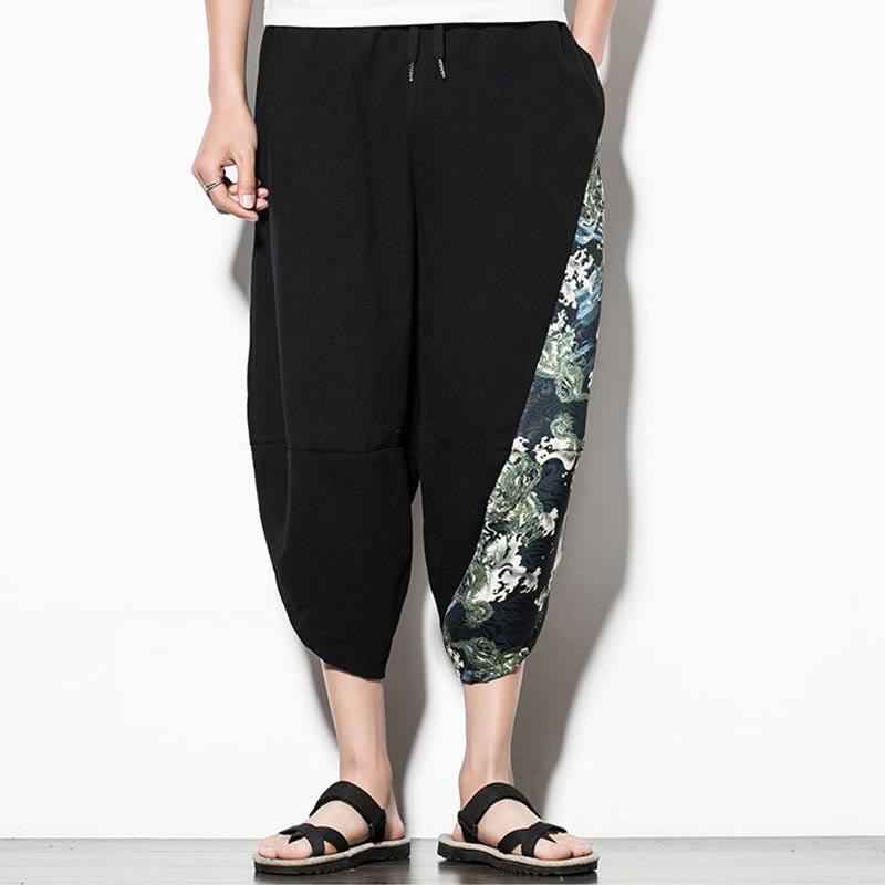 Buddha Stones Green Waves Print Cotton Men's Cropped Harem Pants With Pockets - image 2