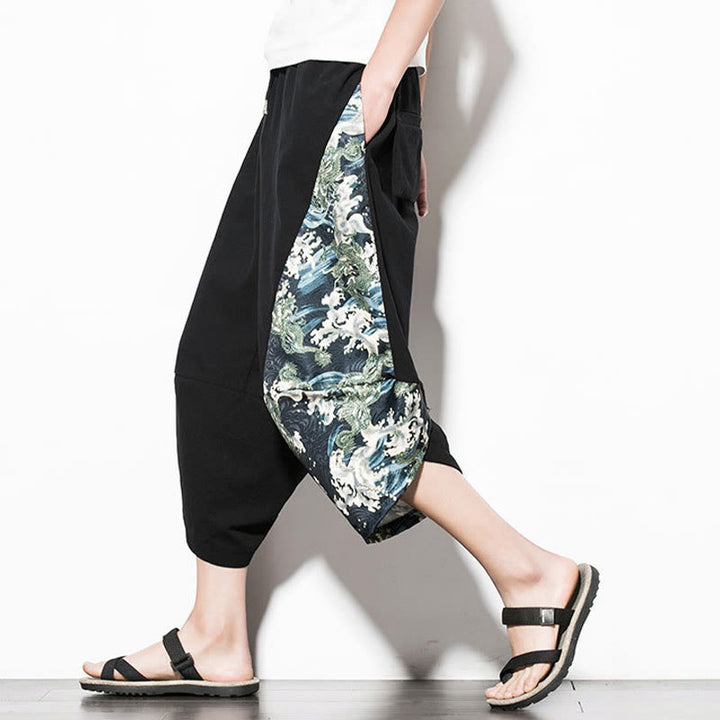 Buddha Stones Green Waves Print Cotton Men's Cropped Harem Pants With Pockets - image 8
