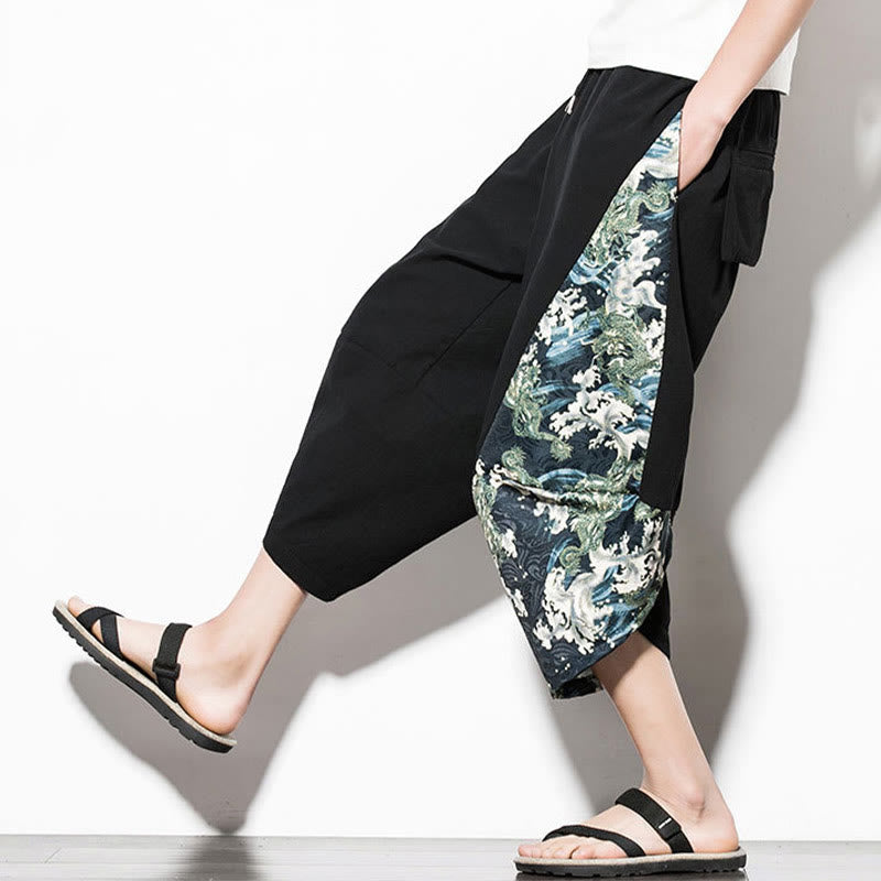 Buddha Stones Green Waves Print Cotton Men's Cropped Harem Pants With Pockets - image 9