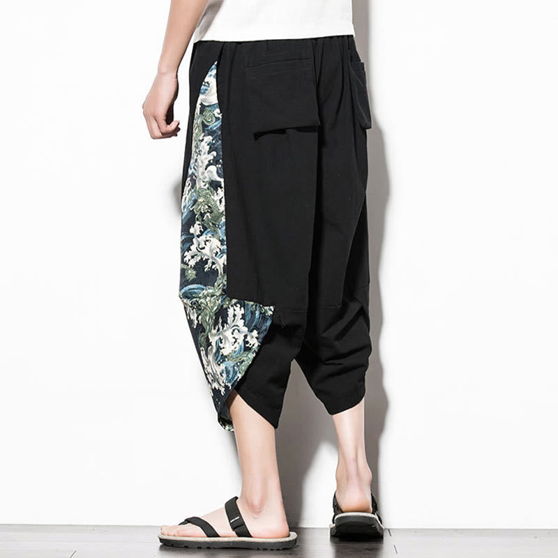 Buddha Stones Green Waves Print Cotton Men's Cropped Harem Pants With Pockets - image 3