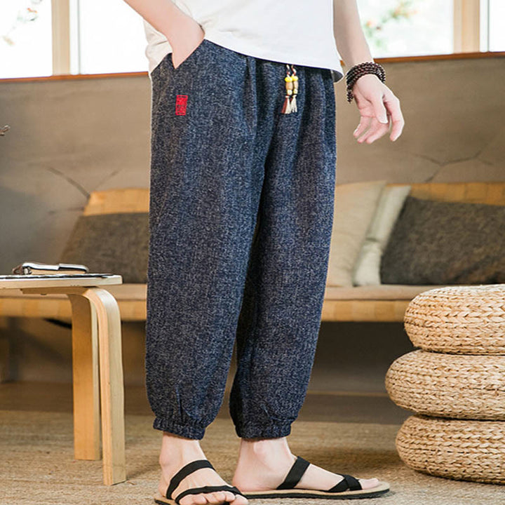 Buddha Stones Plain Drawstring Cotton Men's Harem Pants With Pockets