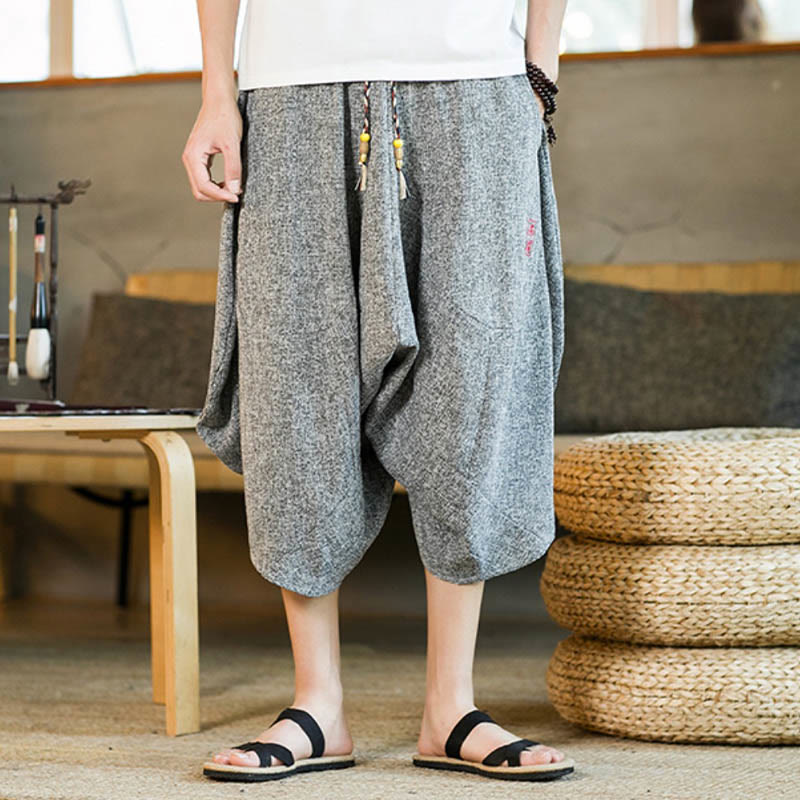 Buddha Stones Plain Design Drawstring Men's Cropped Pants With Pockets