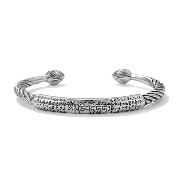 Buddha Stones 999 Sterling Silver Six True Words Heart Sutra Braided Design Lotus Protection Bracelet Bangle