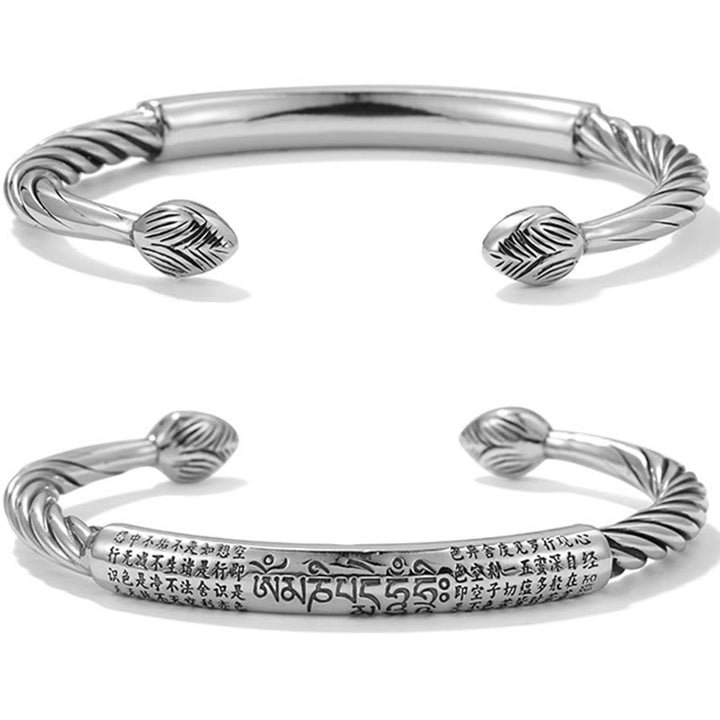 Buddha Stones 999 Sterling Silver Six True Words Heart Sutra Braided Design Lotus Protection Bracelet Bangle