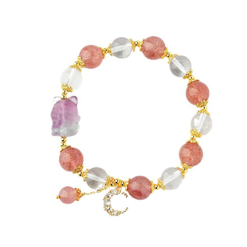 Buddha Stones Natural White Strawberry Quartz Crystal Healing Love Nine-tailed Fox  Moon Pendant Bracelet