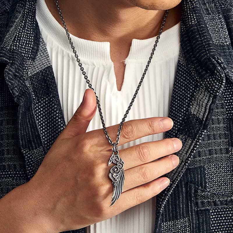 Buddha Stones 925 Sterling Silver Auspicious Clouds Wing Cotton Rope Deerskin Rope Necklace Pendant