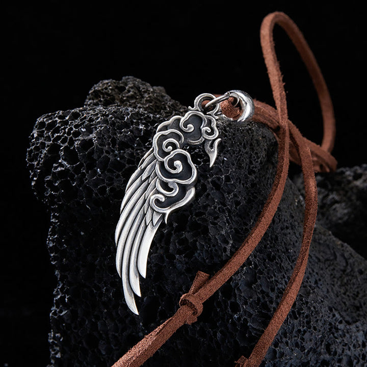 Buddha Stones 925 Sterling Silver Auspicious Clouds Wing Cotton Rope Deerskin Rope Necklace Pendant - Deerskin Rope - image 0