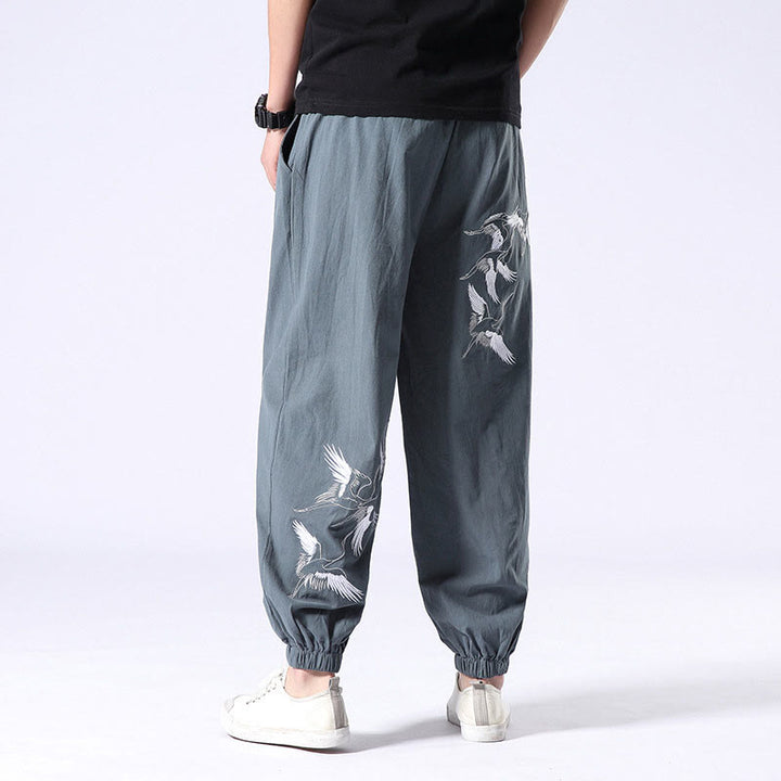 Buddha Stones White Crane Embroidery Design Drawstring Men's Harem Pants With Pockets