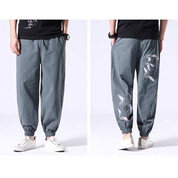 Buddha Stones White Crane Embroidery Design Drawstring Men's Harem Pants With Pockets