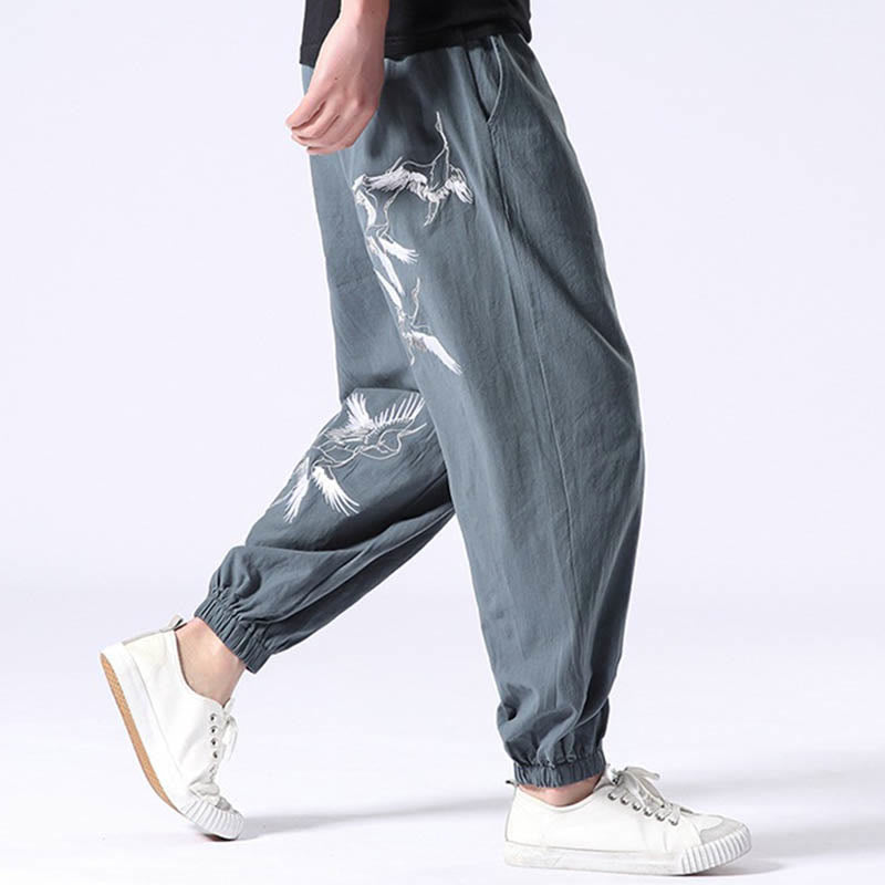 Buddha Stones White Crane Embroidery Design Drawstring Men's Harem Pants With Pockets - image 2
