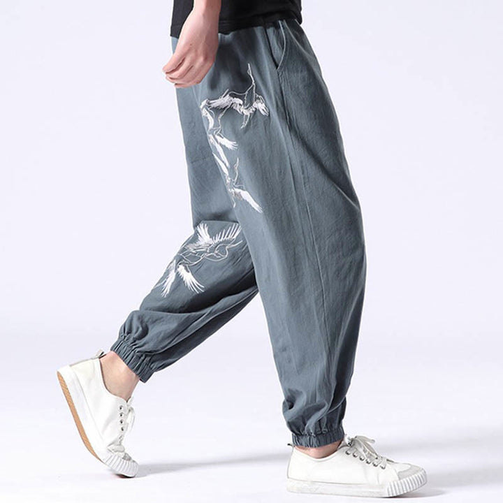 Buddha Stones White Crane Embroidery Design Drawstring Men's Harem Pants With Pockets - image 2