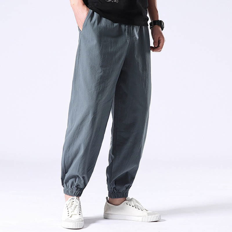 Buddha Stones White Crane Embroidery Design Drawstring Men's Harem Pants With Pockets