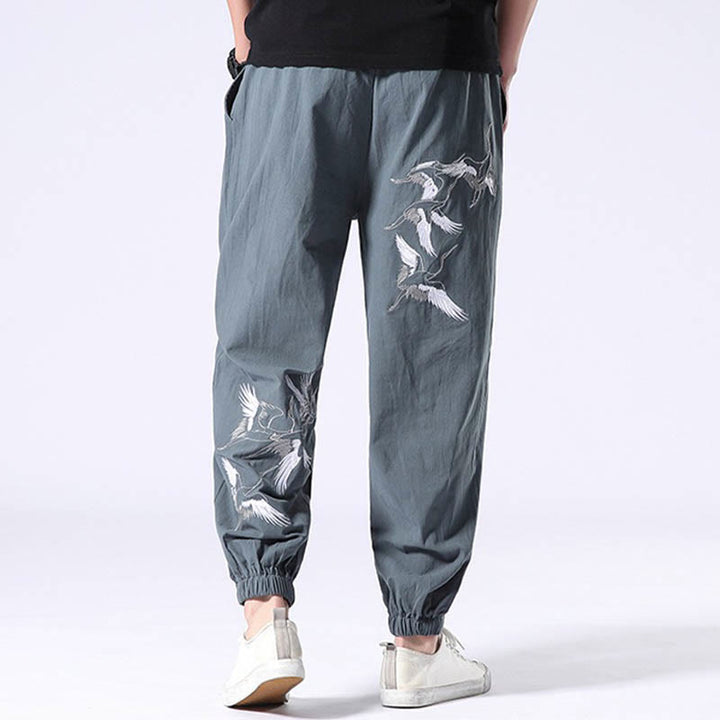 Buddha Stones White Crane Embroidery Design Drawstring Men's Harem Pants With Pockets - image 4