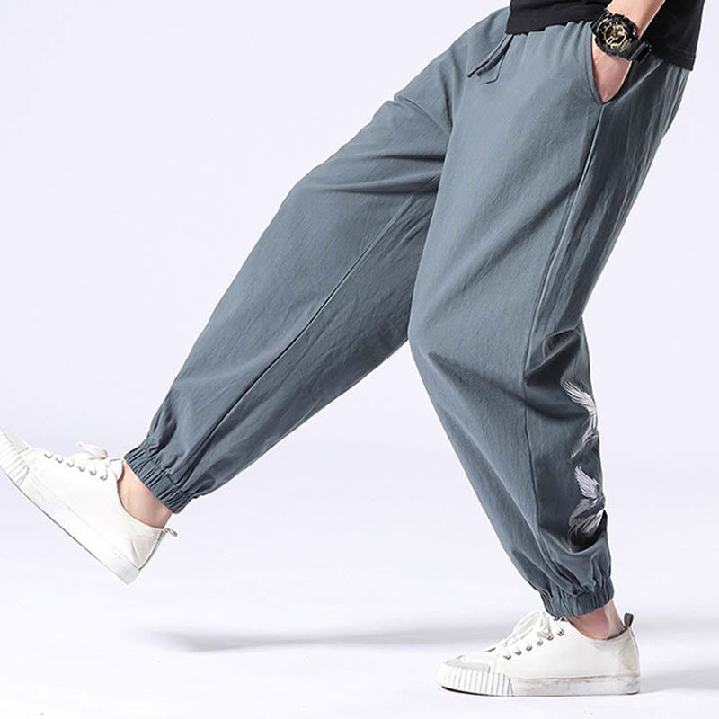 Buddha Stones White Crane Embroidery Design Drawstring Men's Harem Pants With Pockets - image 5