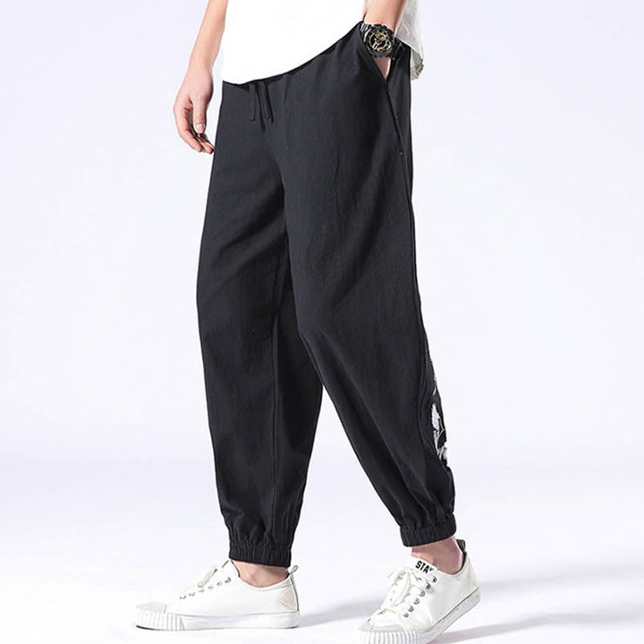 Buddha Stones White Crane Embroidery Design Drawstring Men's Harem Pants With Pockets - image 10