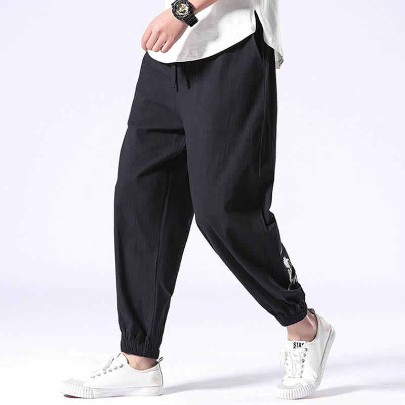 Buddha Stones White Crane Embroidery Design Drawstring Men's Harem Pants With Pockets - image 9