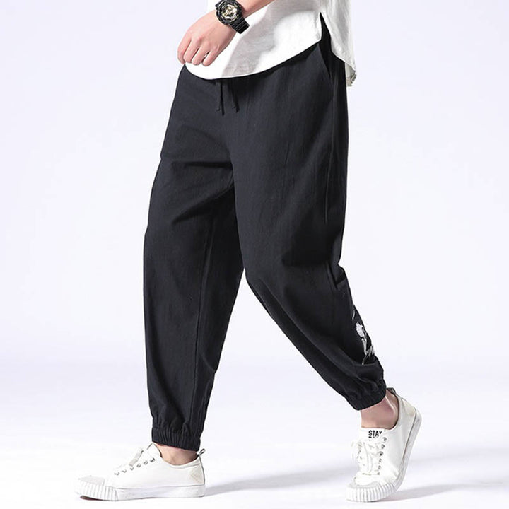 Buddha Stones White Crane Embroidery Design Drawstring Men's Harem Pants With Pockets - image 9