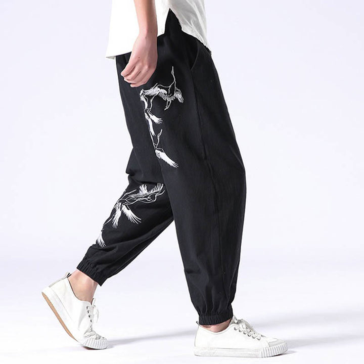 Buddha Stones White Crane Embroidery Design Drawstring Men's Harem Pants With Pockets - image 8