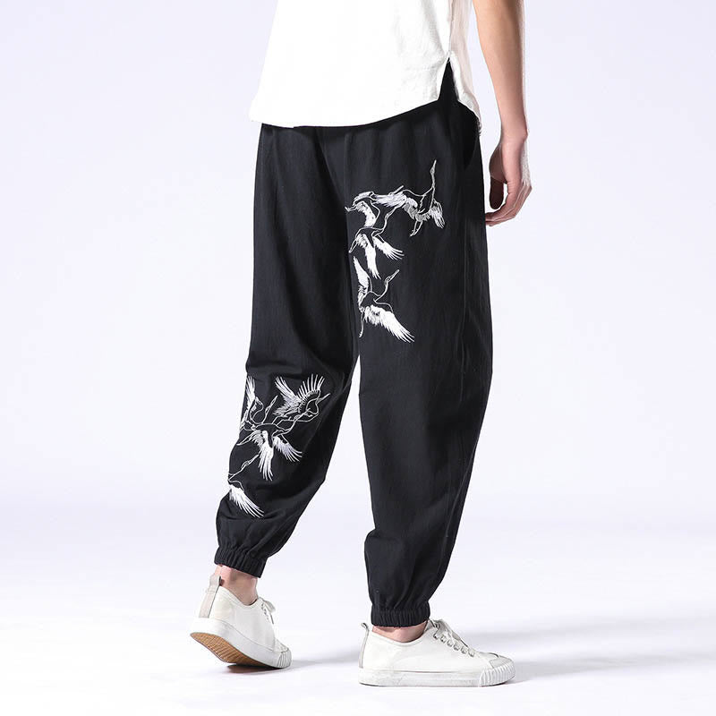 Buddha Stones White Crane Embroidery Design Drawstring Men's Harem Pants With Pockets