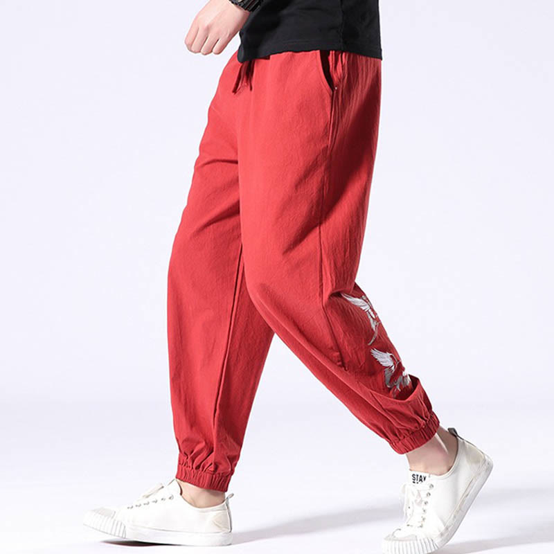 Buddha Stones White Crane Embroidery Design Drawstring Men's Harem Pants With Pockets - image 14