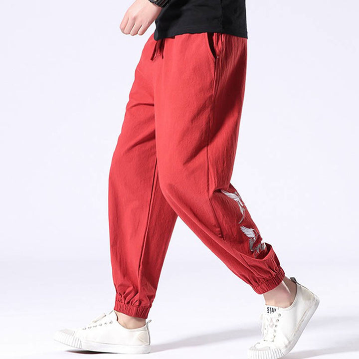 Buddha Stones White Crane Embroidery Design Drawstring Men's Harem Pants With Pockets - image 14