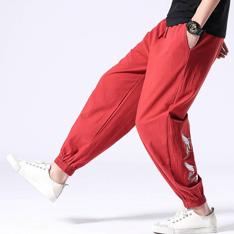 Buddha Stones White Crane Embroidery Design Drawstring Men's Harem Pants With Pockets - image 18