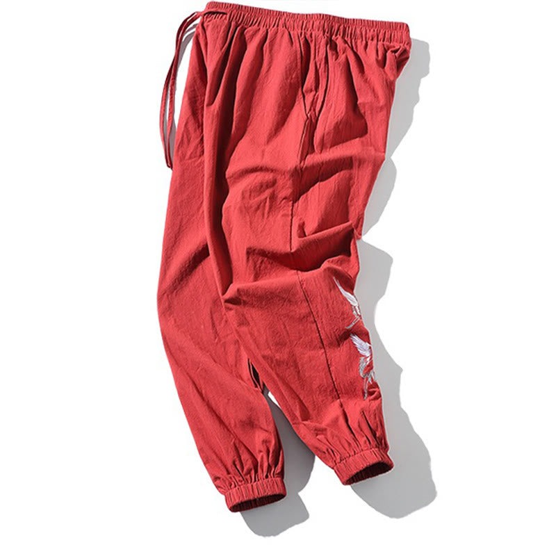 Buddha Stones White Crane Embroidery Design Drawstring Men's Harem Pants With Pockets - image 21