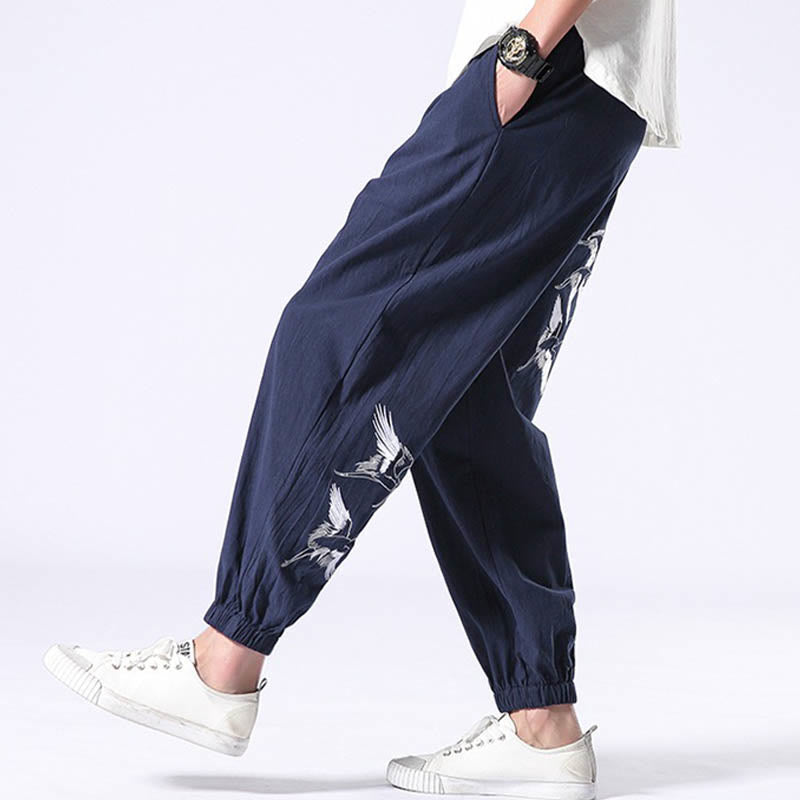 Buddha Stones White Crane Embroidery Design Drawstring Men's Harem Pants With Pockets