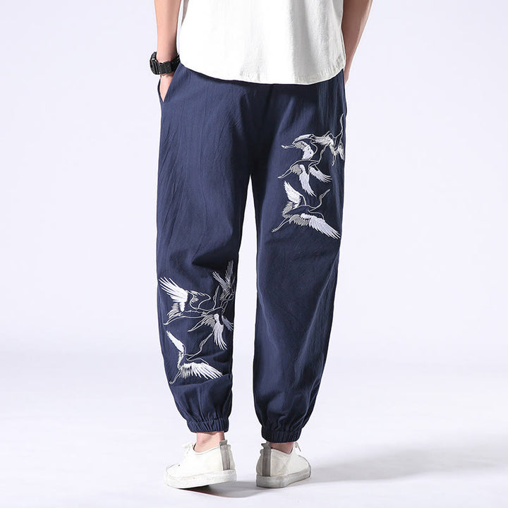 Buddha Stones White Crane Embroidery Design Drawstring Men's Harem Pants With Pockets - SteelBlue - US/UK/AU42，EU52 (3XL) - image 23