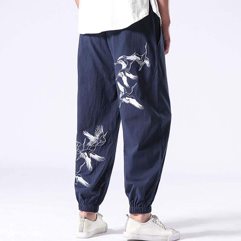 Buddha Stones White Crane Embroidery Design Drawstring Men's Harem Pants With Pockets