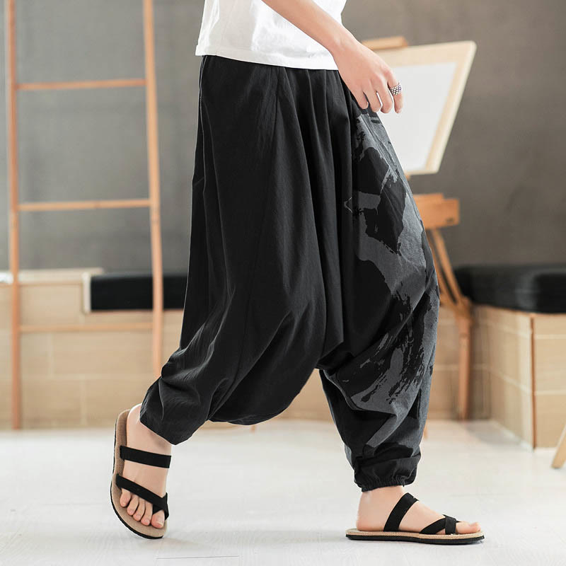 Buddha Stones Simple Summer Calligraphy Cotton Men's Harem Pants With Pockets - image 2