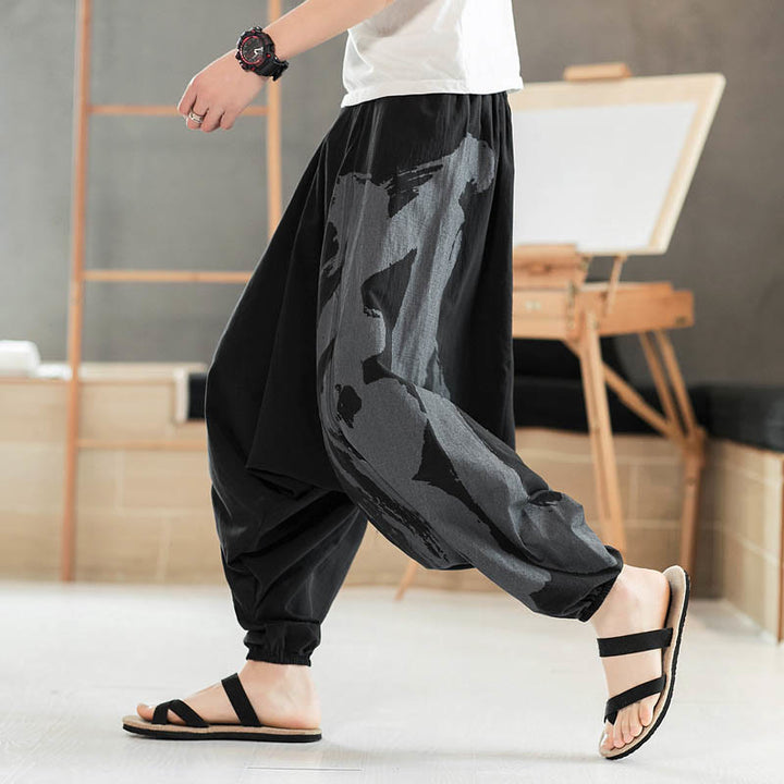 Buddha Stones Simple Summer Calligraphy Cotton Men's Harem Pants With Pockets