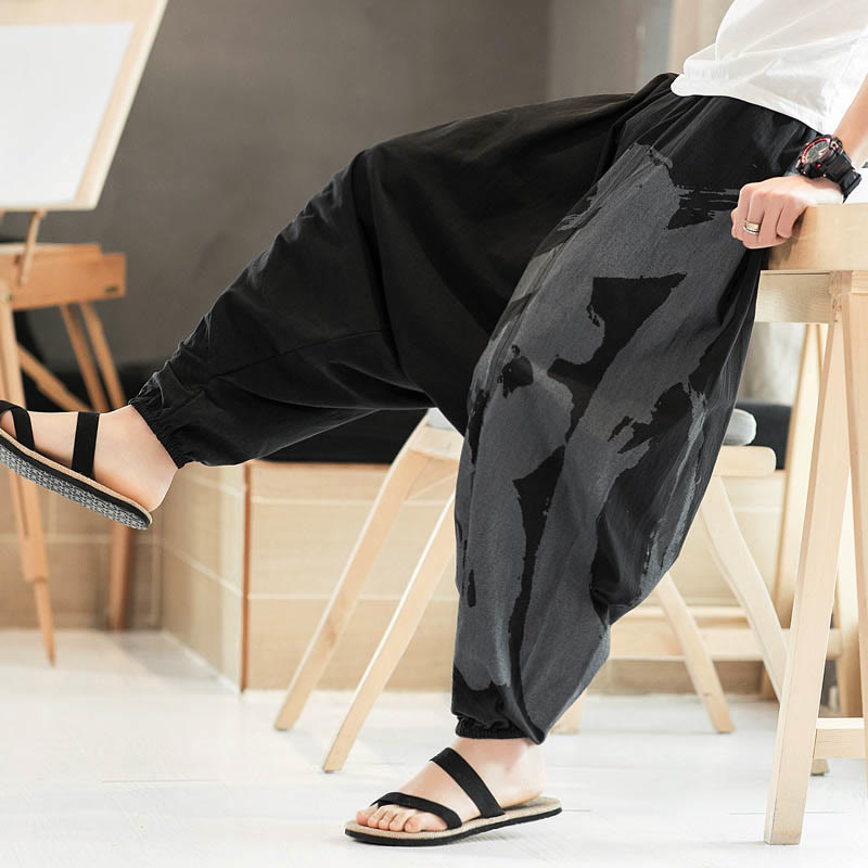 Buddha Stones Simple Summer Calligraphy Cotton Men's Harem Pants With Pockets - image 7