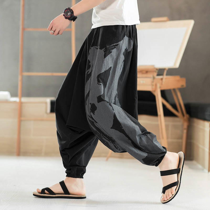 Buddha Stones Simple Summer Calligraphy Cotton Men's Harem Pants With Pockets - Black - US/UK/AU46，EU56 (5XL) - image 1