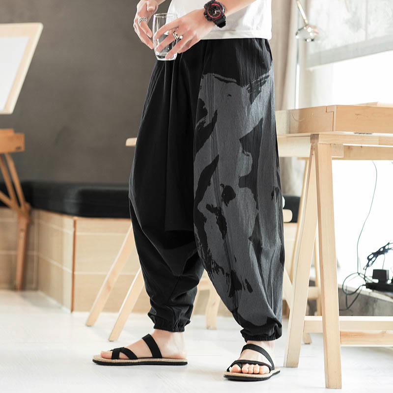 Buddha Stones Simple Summer Calligraphy Cotton Men's Harem Pants With Pockets - image 5
