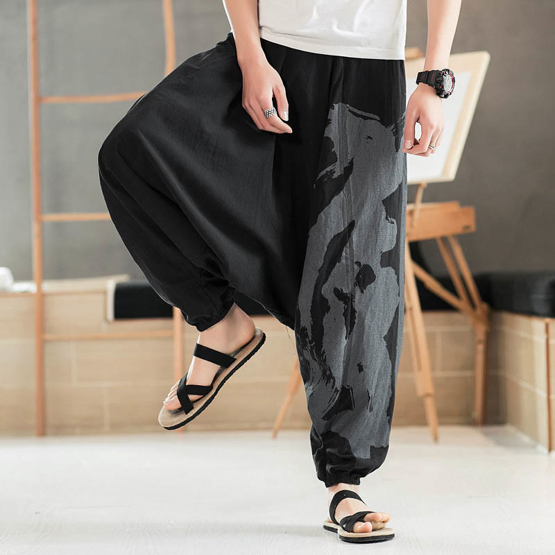 Buddha Stones Simple Summer Calligraphy Cotton Men's Harem Pants With Pockets